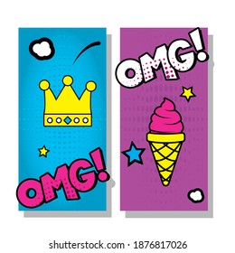 pop art crown and ice cream with omg design of retro expression comic theme Vector illustration