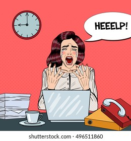 Pop Art Crying Stressed Business Woman Screaming At Multi Tasking Office Work. Vector Illustration