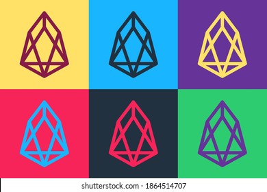 Pop art Cryptocurrency coin EOS icon isolated on color background. Physical bit coin. Digital currency. Blockchain based secure crypto currency. Vector.