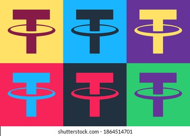 Pop art Cryptocurrency coin Tether USDT icon set isolated on color backgrounds. Physical bit coin. Digital currency. Blockchain based secure crypto currency. Vector.