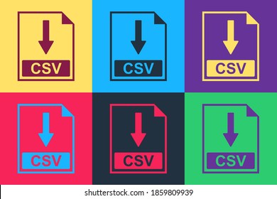 Pop art CSV file document icon. Download CSV button icon isolated on color background. Vector.