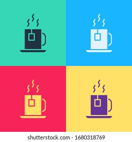 Pop art Cup of tea with tea bag icon isolated on color background.  Vector Illustration