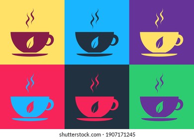 Pop art Cup of tea and leaf icon isolated on color background. Vector.