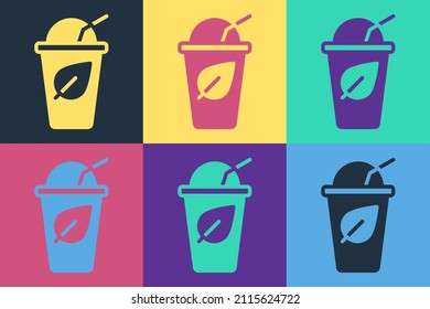 Pop art Cup of tea with leaf icon isolated on color background. Sweet natural food.  Vector