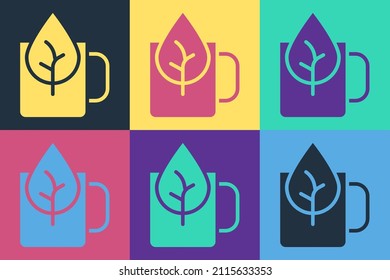 Pop art Cup of tea with leaf icon isolated on color background. Sweet natural food.  Vector