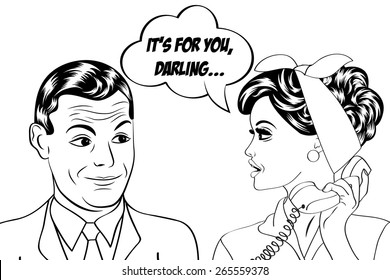 pop art cute retro couple in comics style, vector illustration