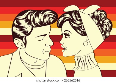 pop art cute retro couple in comics style, vector illustration