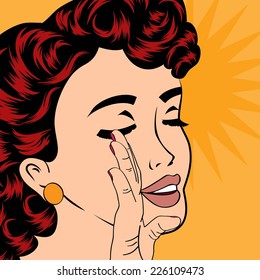 pop art cute retro woman in comics style, vector illustration
