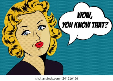 pop art cute retro woman in comics style with message, vector illustration