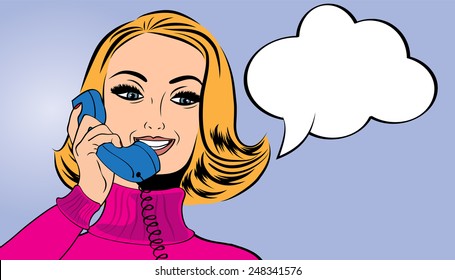 pop art cute retro woman in comics style talking on the phone, vector illustration
