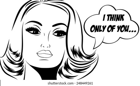 pop art cute retro woman in comics style with message, vector illustration