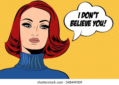 pop art cute retro woman in comics style with message, vector illustration