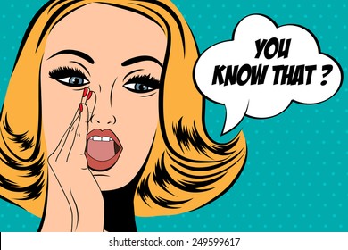 pop art cute retro woman in comics style with message, vector illustration