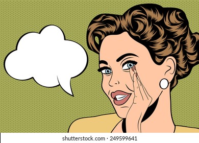 pop art cute retro woman in comics style with message, vector illustration