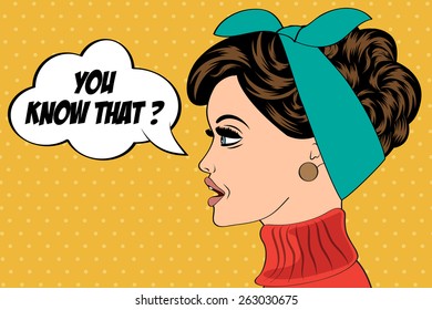 pop art cute retro woman in comics style with message, vector illustration