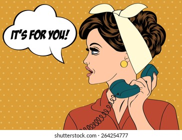 pop art cute retro woman in comics style with message, vector illustration