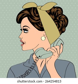 pop art cute retro woman in comics style with message, vector illustration