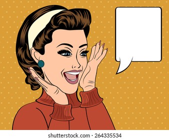 pop art cute retro woman in comics style with message, vector illustration