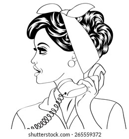 pop art cute retro woman in comics style with message, vector illustration