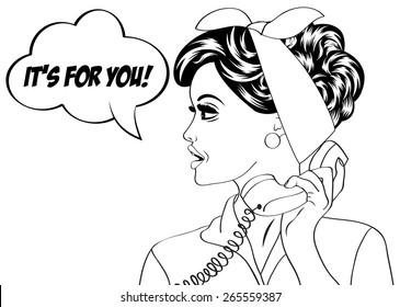 pop art cute retro woman in comics style with message, vector illustration