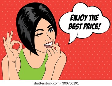 pop art cute retro woman in comics style with message " enjoy the best price" , vector illustration