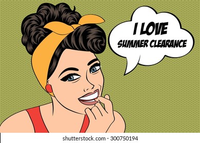 pop art cute retro woman in comics style with message "I love summer clearance", vector illustration