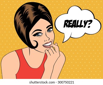 pop art cute retro woman in comics style with message, vector illustration