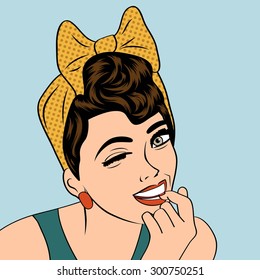 pop art cute retro woman in comics style, vector illustration