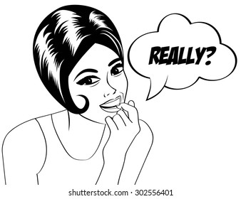 pop art cute retro woman in comics style in black and white, vector illustration