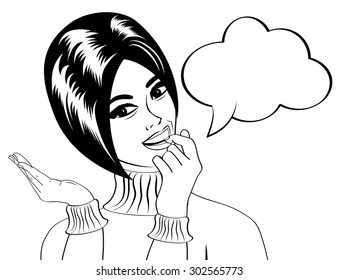 pop art cute retro woman in comics style in black and white, vector illustration