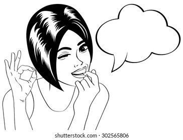 pop art cute retro woman in comics style in black and white  , vector illustration