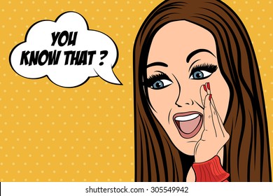 pop art cute retro woman in comics style with message, vector illustration