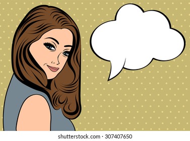 pop art cute retro woman in comics style with message, vector illustration