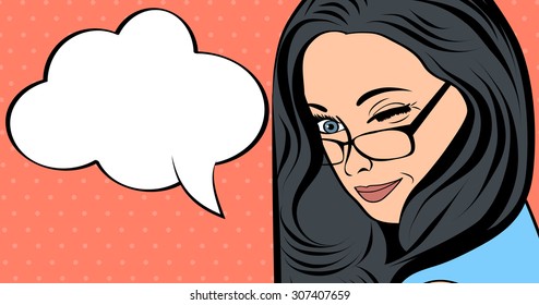 pop art cute retro woman in comics style with message, vector illustration