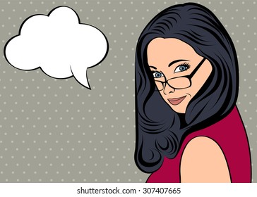 pop art cute retro woman in comics style with message, vector illustration