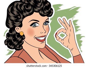 pop art cute retro woman in comics style with OK sign. vector illustration