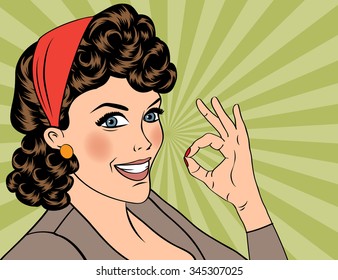 Pop Art Cute Retro Woman In Comics Style With OK Sign. Vector Illustration