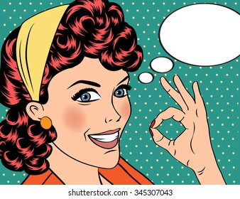pop art cute retro woman in comics style with OK sign. vector illustration