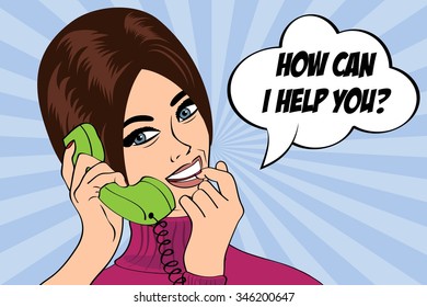 pop art cute retro woman in comics style with message "how can I help you", vector illustration