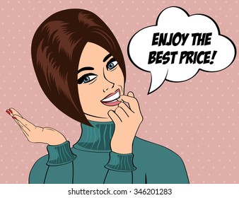 pop art cute retro woman in comics style with message " enjoy the best price" , vector illustration
