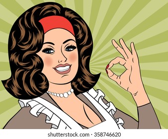 pop art cute retro woman in comics style with OK sign. vector illustration