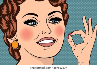 pop art cute retro woman in comics style with OK sign, vector illustration