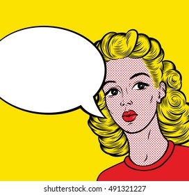 Pop art cutie blonde woman with speech bubble for your message. Retro comic woman isolated on yellow background. Promo girl your advertising. Vector illustration for Designs: Poster, Banner, etc.