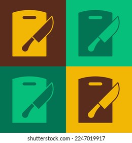 Pop art Cutting board and knife icon isolated on color background. Chopping Board symbol. Cutlery symbol.  Vector