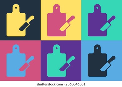 Pop art Cutting board and knife icon isolated on color background. Chopping Board symbol. Cutlery symbol.  Vector