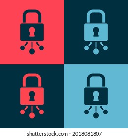 Pop art Cyber security icon isolated on color background. Closed padlock on digital circuit board. Safety concept. Digital data protection.  Vector