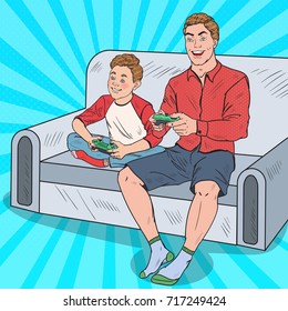 Pop Art Dad and Son Playing Video Game on a Console. Computer Gaming. Vector illustration