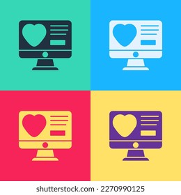 Pop art Dating app online computer concept icon isolated on color background. Female male profile flat design. Couple match for relationship.  Vector