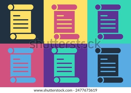 Pop art Decree, paper, parchment, scroll icon icon isolated on color background.  Vector