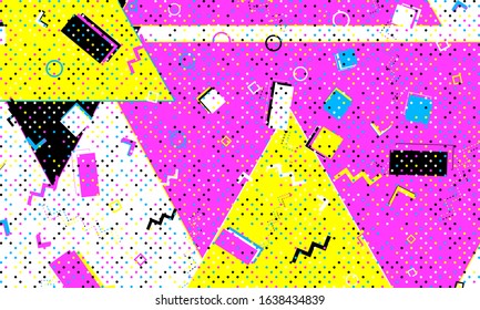 Pop Art. Deep Pink Fluid Composition. Grunge Fashion. Bright Texture. Triangle Print. Purple Flat Poster. Spring Background. Trendy Flyer.